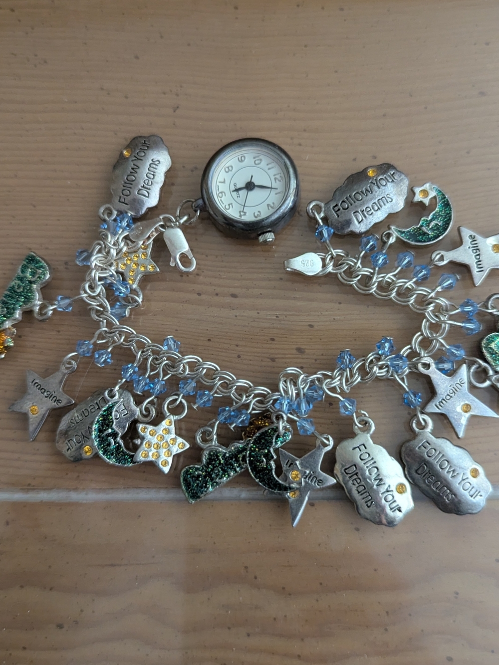 Follow Your Dreams Silver Charm Bracelet with Blue Beads With Watch